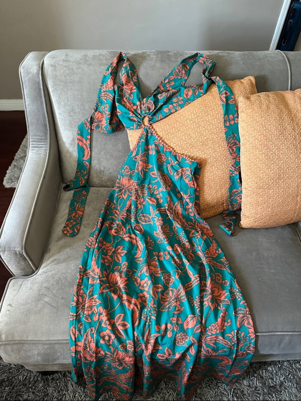 SHEIN Teal and Coral Floral Tie-Shoulder Maxi Dress